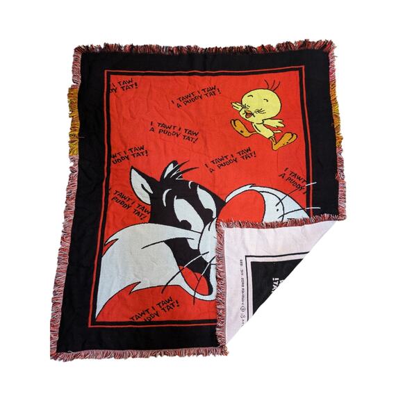 Vintage 1993 I Tawt I Taw A Puddy Tweety Bird Sylvester Blanket - Picture 6 of 6
